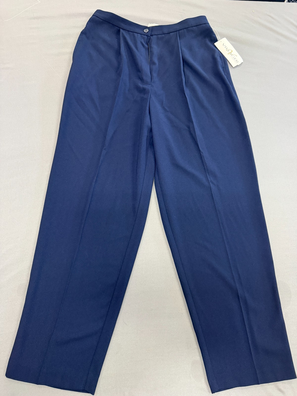 NWT Villager Women's Size 14 Navy Wide Leg Pleated Pants Pockets Button Zip Work